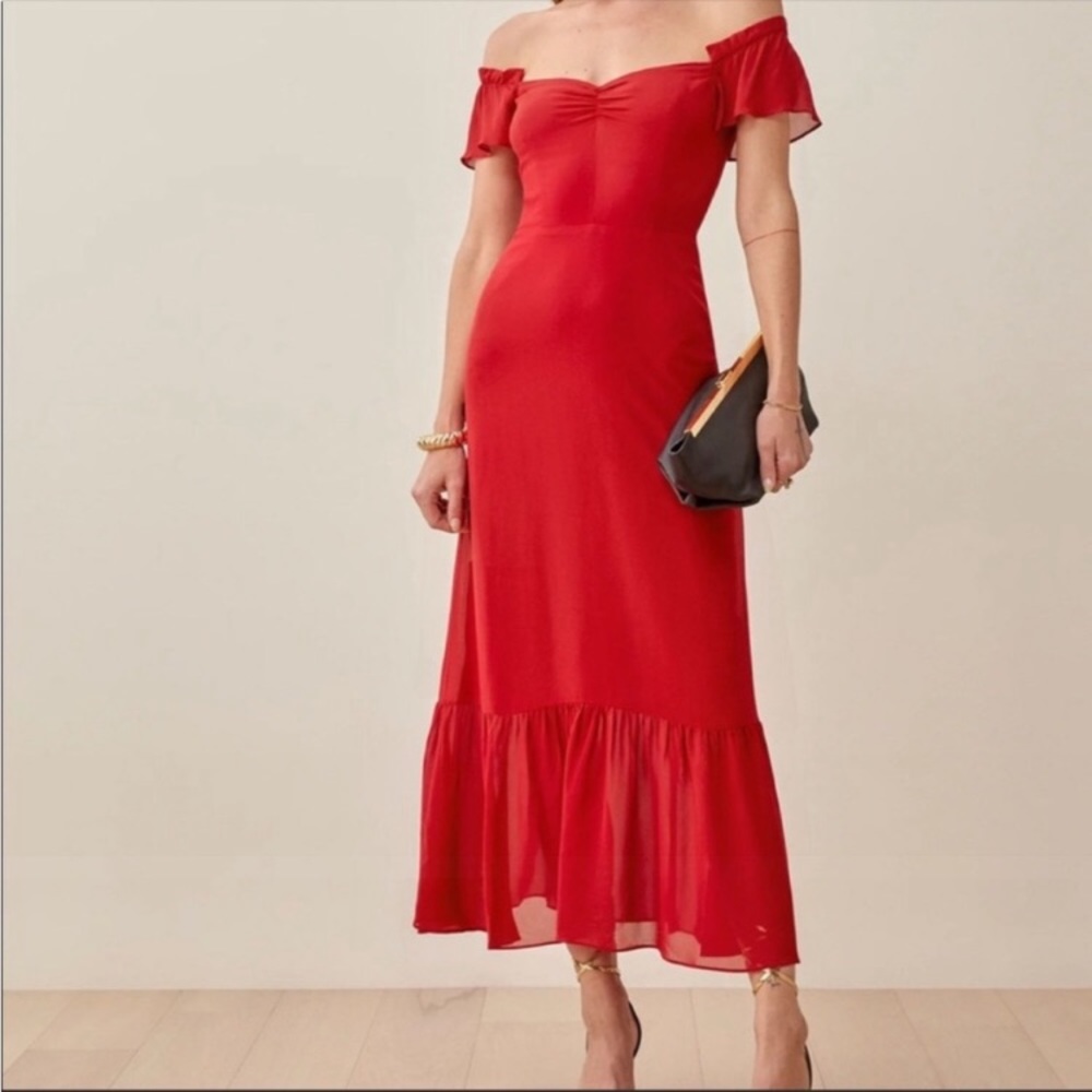 Reformation Red Off-Shoulder Dress